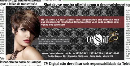 Anúncio do Cesar Cabelos na Revista AG: 'Há 25 anos o Cesar Cabelos vem conquistando sua clientela mais que exigente', com uma modelo de corte curto